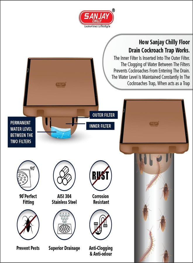 Sanjay Chilly Marble Drain Colour Collection Cockroach Trap Insert 21mm Tile for Bathroom Gratings 304 Grade Stainless Steel Floor Waste Water Drainer Strainer in Washroom Sink (6 x 6 INCH Rose Gold) - Image 5